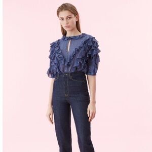 Rebecca Taylor | 100% Silk Glitter Gem Chiffon Ruffle Top Size 2 Dusty Navy Blue
